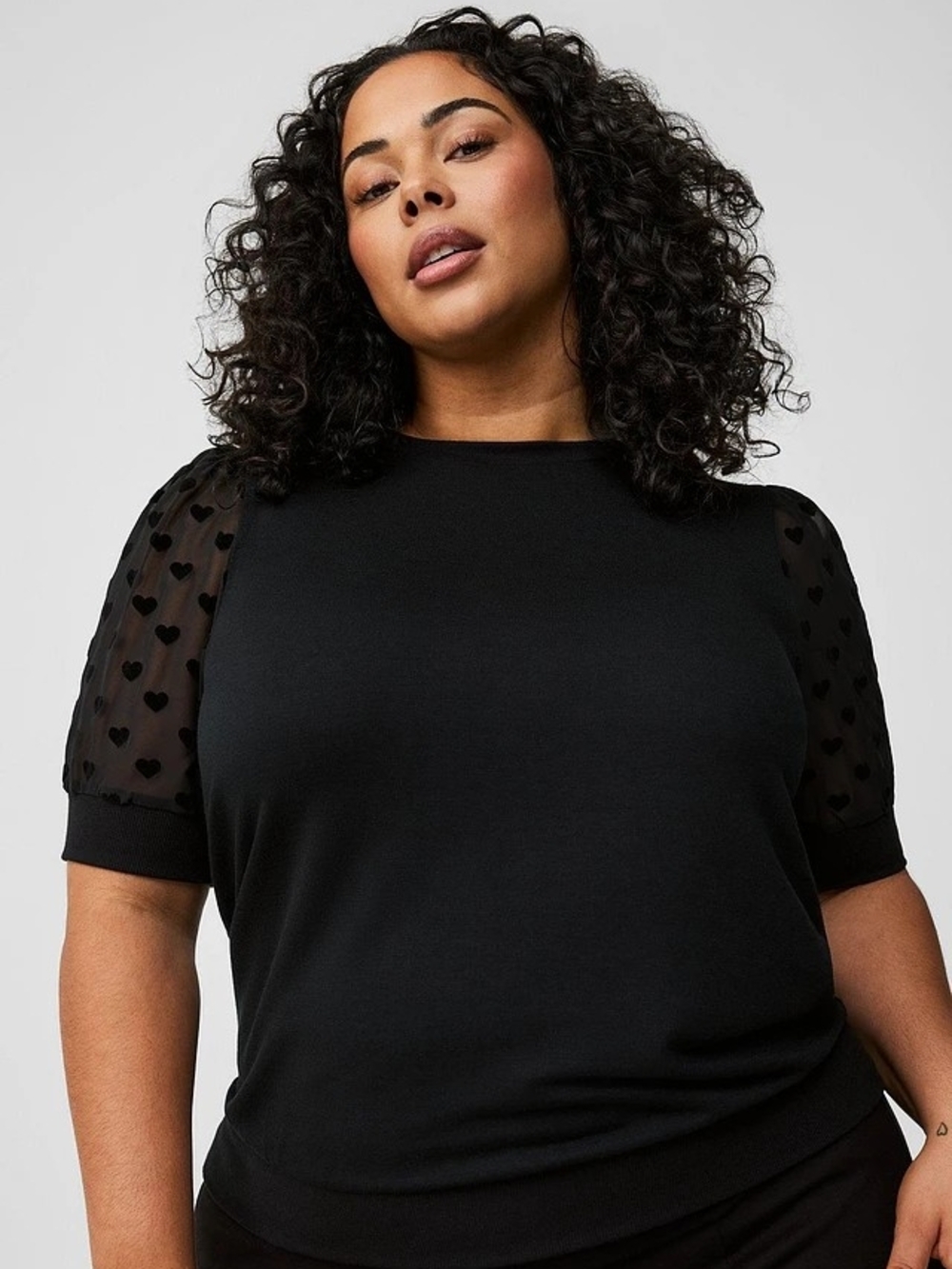 Torrid Flocked Heart & Mesh Short Sleeve Sweatshirt 0X